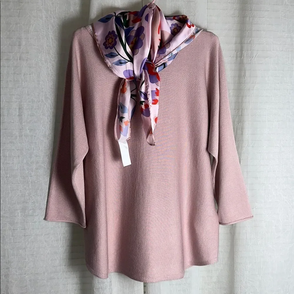 CR XL Pink Crew Dolman Quarter Sleeve Fine Knit Sweater Square Floral Scarf Set